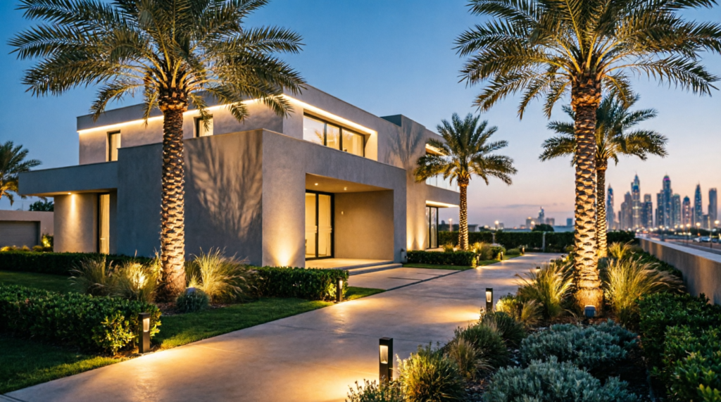 Dubai villa exterior with Al Sa'fat compliant LED landscape lighting featuring illuminated palm trees, pathway lights, and architectural facade illumination meeting DEWA regulations