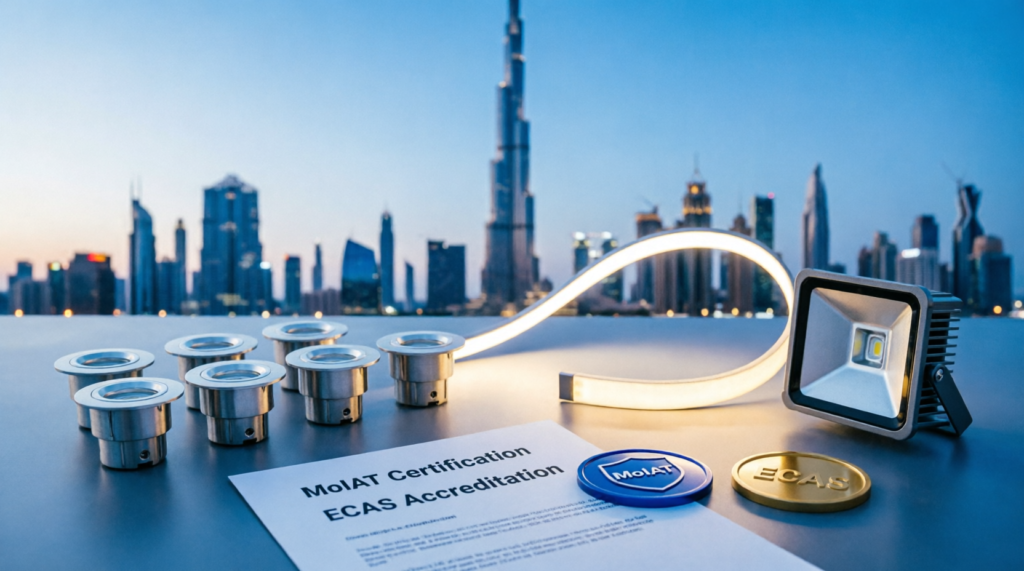UAE LED lighting products with MoIAT ECAS certification documents and compliance badges against Dubai skyline, showing regulatory approval requirements for LED lights, drivers, and luminaires in the United Arab Emirates