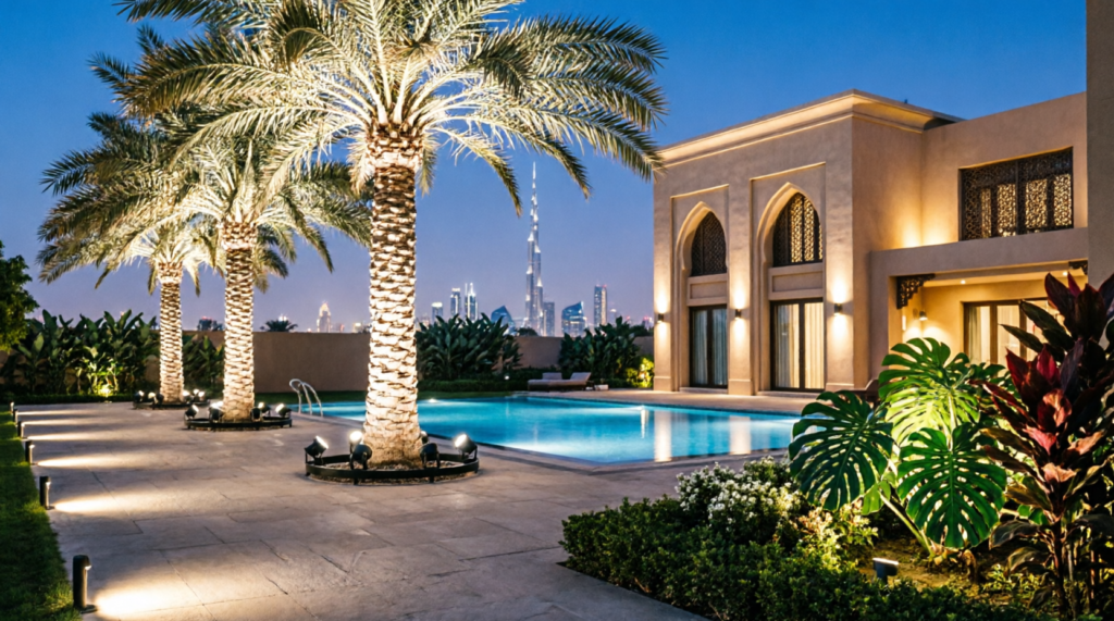 Dubai villa landscape lighting with black palm tree ring lights featuring adjustable LED spotlights, pathway illumination, Arabic architecture facade lighting, pool area with tropical garden demonstrating professional UAE outdoor lighting design